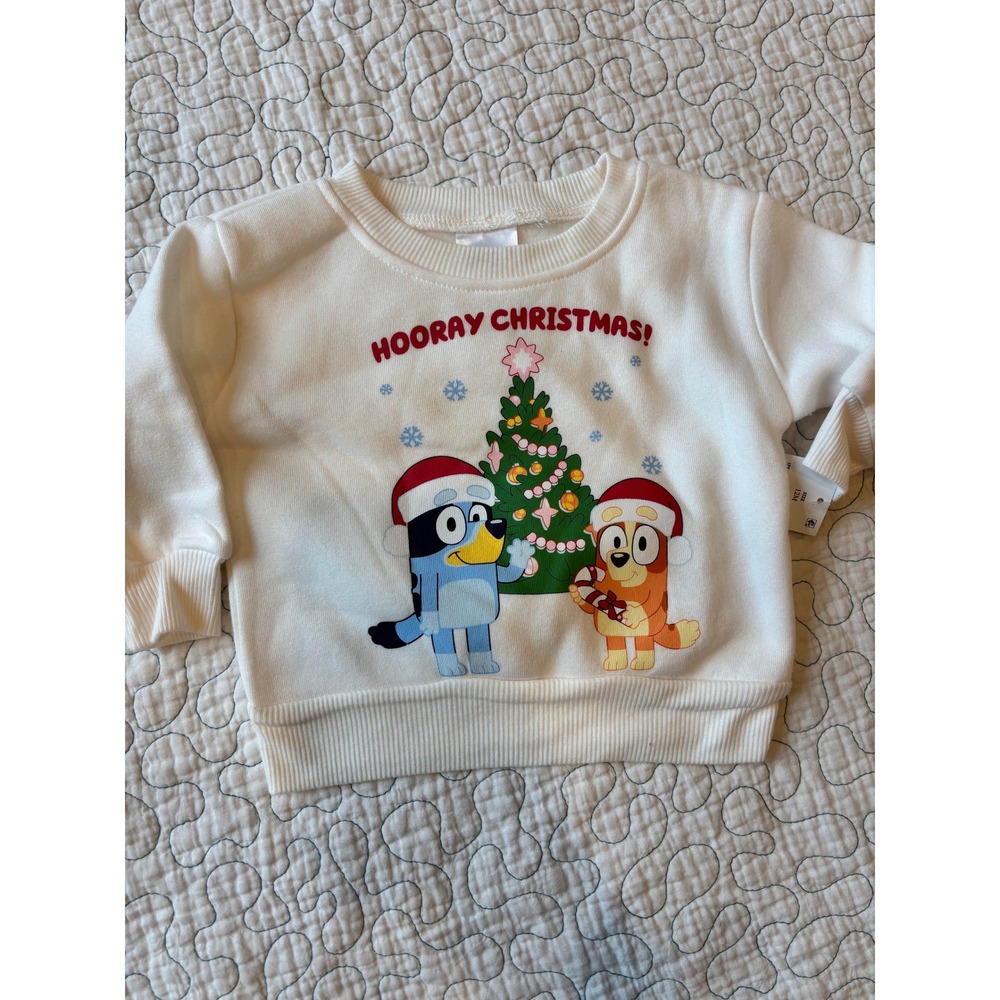Bluey Hooray Christmas‎ Sweatshirt White Graphic Pullover Fleece 12 Months